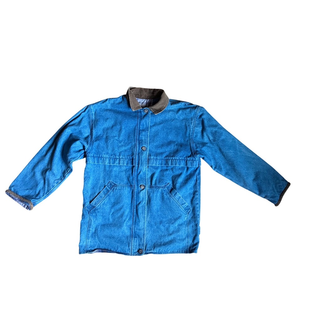 VTG Reversible Denim Barn Jacket Plaid Flannel Lined Chore Coat L Corduroy Work